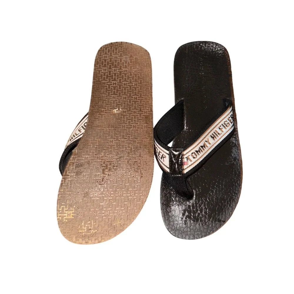 Tommy Hilfiger Mens Black White Logo Strap Flip Flop Thong Sandals Beach 10.5